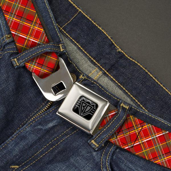 Buckle-Down BD Wings Logo CLOSE-UP Black/Silver Seatbelt Belt - Tartan Plaid2 Red/Green/Yellow Webbing