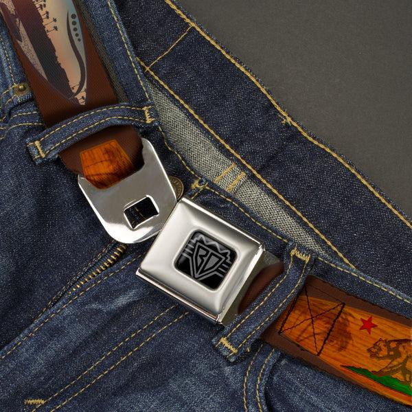 Buckle-Down BD Wings Logo CLOSE-UP Black/Silver Seatbelt Belt - Surfboard Cali Scenes/US Flag Brown Webbing