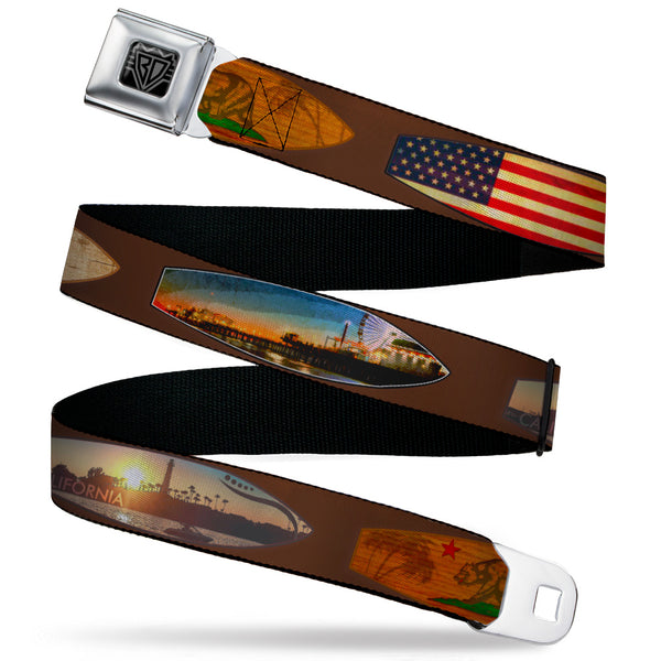 Buckle-Down BD Wings Logo CLOSE-UP Black/Silver Seatbelt Belt - Surfboard Cali Scenes/US Flag Brown Webbing