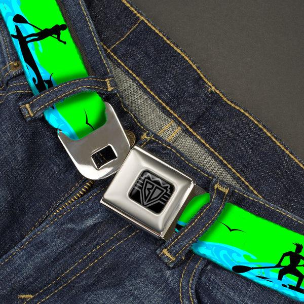 Buckle-Down BD Wings Logo CLOSE-UP Black/Silver Seatbelt Belt - SUP W/Dog Neon Green/Blues/Black Webbing