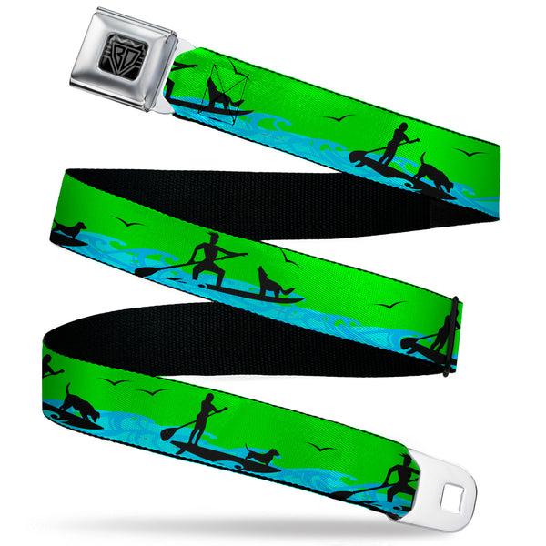 Buckle-Down BD Wings Logo CLOSE-UP Black/Silver Seatbelt Belt - SUP w/Dog Neon Green/Blues/Black Webbing