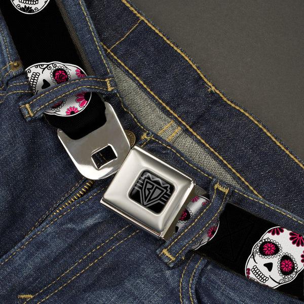 Buckle-Down BD Wings Logo CLOSE-UP Black/Silver Seatbelt Belt - Sugar Skulls Scattered Black/White/Fuchsia Webbing