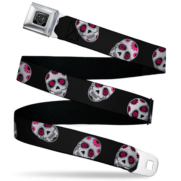 Buckle-Down BD Wings Logo CLOSE-UP Black/Silver Seatbelt Belt - Sugar Skulls Scattered Black/White/Fuchsia Webbing