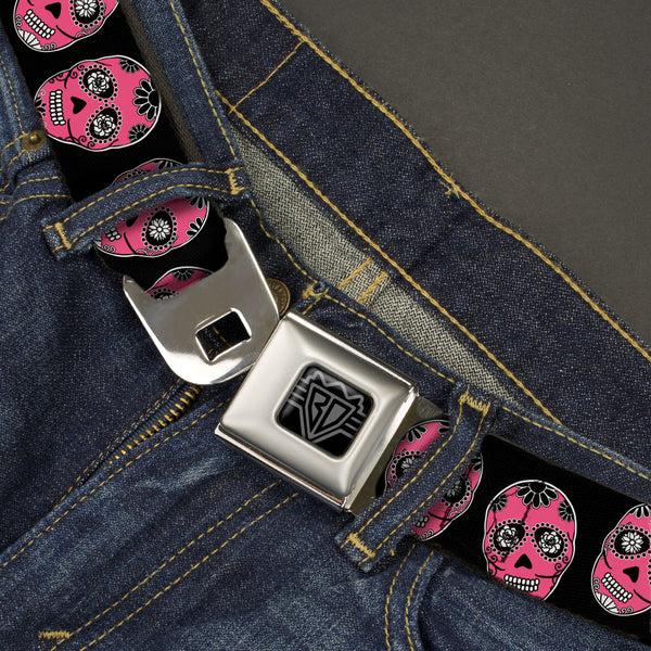 Buckle-Down BD Wings Logo CLOSE-UP Black/Silver Seatbelt Belt - Sugar Skulls Black/White/Fuchsia Webbing