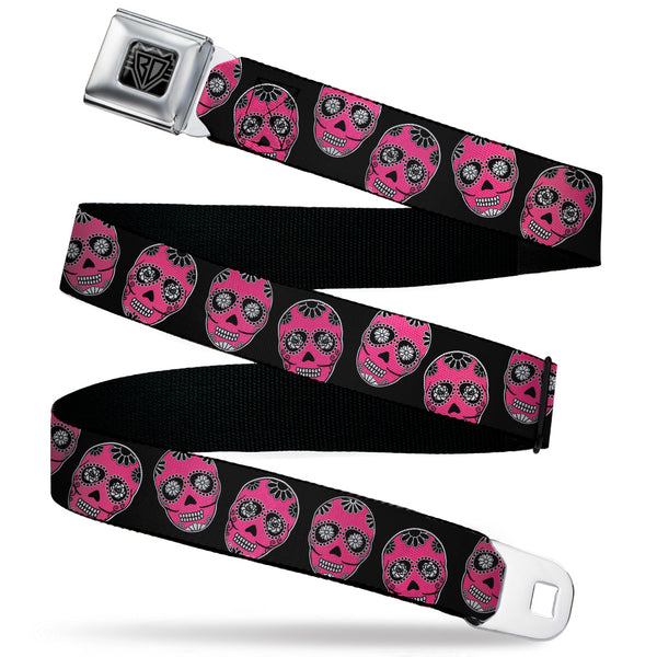 Buckle-Down BD Wings Logo CLOSE-UP Black/Silver Seatbelt Belt - Sugar Skulls Black/White/Fuchsia Webbing
