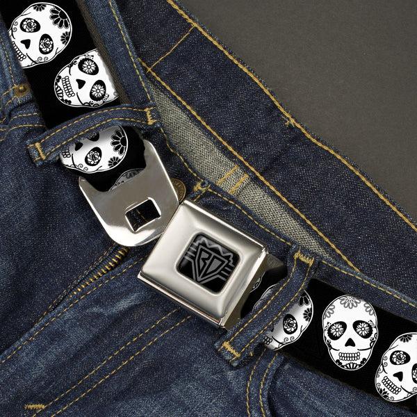 Buckle-Down BD Wings Logo CLOSE-UP Black/Silver Seatbelt Belt - Sugar Skulls Black/White/Black Webbing