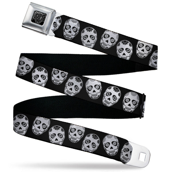 Buckle-Down BD Wings Logo CLOSE-UP Black/Silver Seatbelt Belt - Sugar Skulls Black/White/Black Webbing