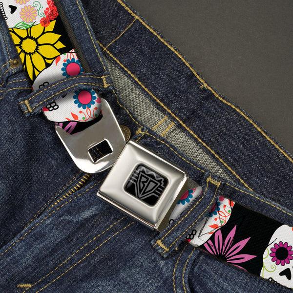 Buckle-Down BD Wings Logo CLOSE-UP Black/Silver Seatbelt Belt - Sugar Skulls & Flowers Black/Multi Color Webbing