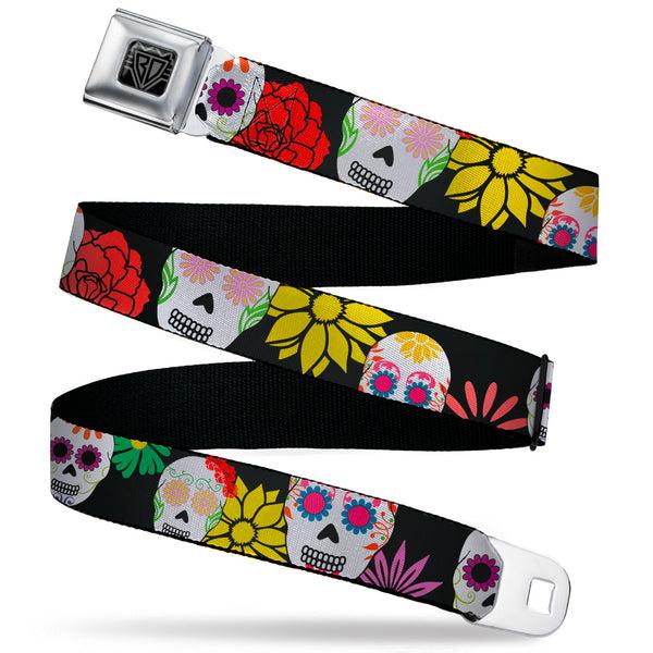 Buckle-Down BD Wings Logo CLOSE-UP Black/Silver Seatbelt Belt - Sugar Skulls & Flowers Black/Multi Color Webbing