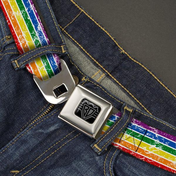 Buckle-Down BD Wings Logo CLOSE-UP Black/Silver Seatbelt Belt - Stripes Distressed White/Multi Color Webbing