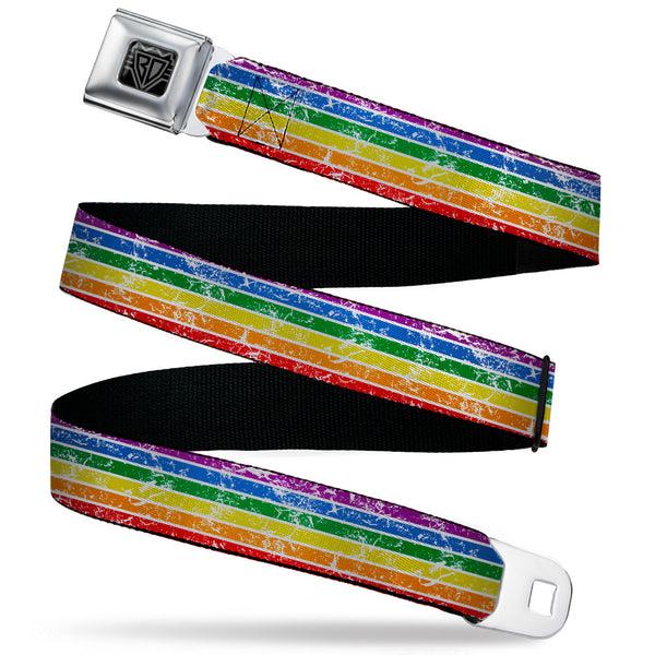 Buckle-Down BD Wings Logo CLOSE-UP Black/Silver Seatbelt Belt - Stripes Distressed White/Multi Color Webbing