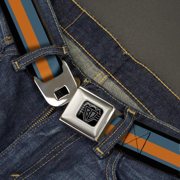 Buckle-Down BD Wings Logo CLOSE-UP Black/Silver Seatbelt Belt - Stripes Black/Steel Blue/Orange Webbing