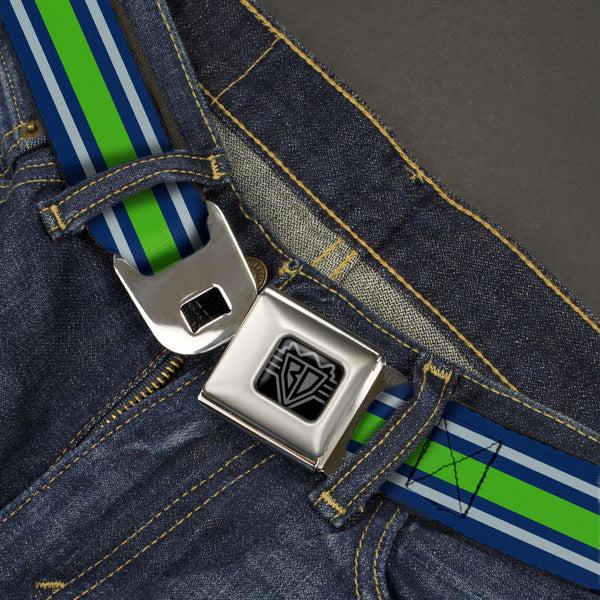 Buckle-Down BD Wings Logo CLOSE-UP Black/Silver Seatbelt Belt - Stripe2 Navy/Gray/Green Webbing