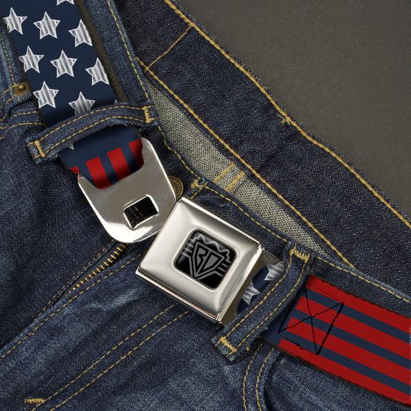 Buckle-Down BD Wings Logo CLOSE-UP Black/Silver Seatbelt Belt - Stars & Stripes2 Blue/White/Red Webbing