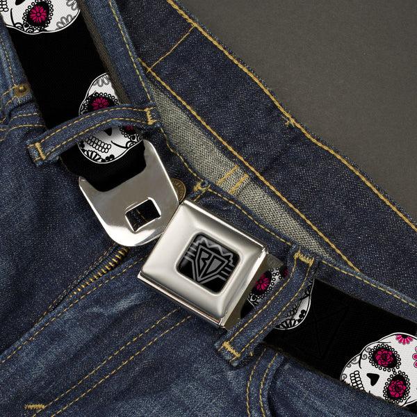 Buckle-Down BD Wings Logo CLOSE-UP Black/Silver Seatbelt Belt - Staggered Sugar Skulls Black/White/Pink Webbing