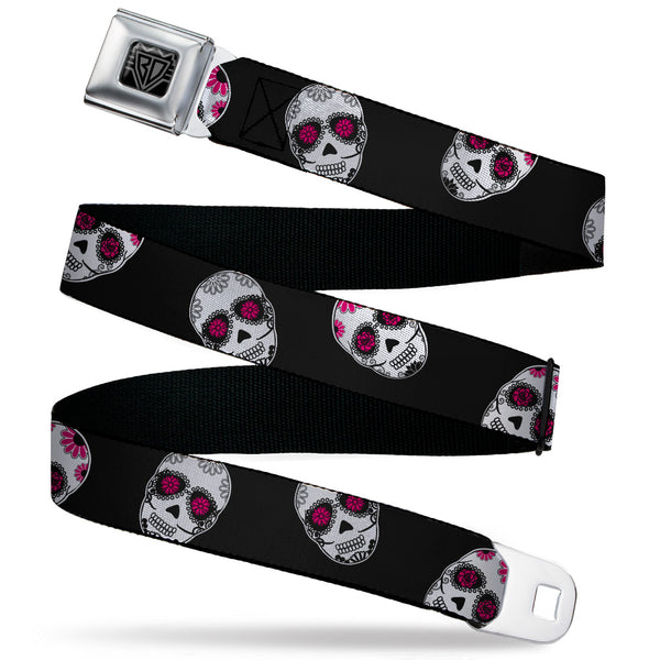 Buckle-Down BD Wings Logo CLOSE-UP Black/Silver Seatbelt Belt - Staggered Sugar Skulls Black/White/Pink Webbing