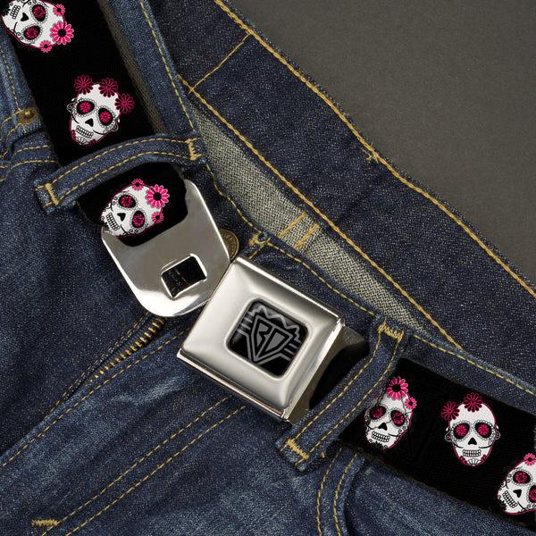 Buckle-Down BD Wings Logo CLOSE-UP Black/Silver Seatbelt Belt - Staggered Sugar Skulls Black/Pink/White Webbing