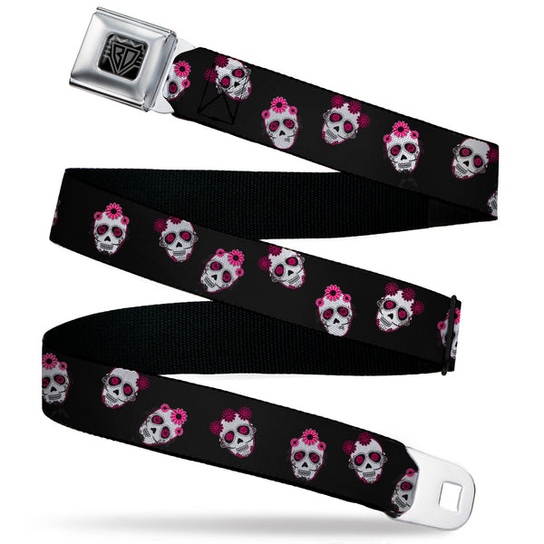 Buckle-Down BD Wings Logo CLOSE-UP Black/Silver Seatbelt Belt - Staggered Sugar Skulls Black/Pink/White Webbing