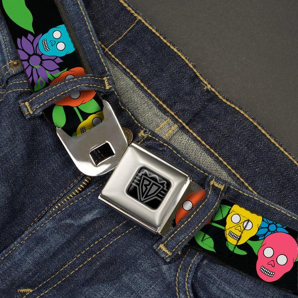 Buckle-Down BD Wings Logo CLOSE-UP Black/Silver Seatbelt Belt - Skulls & Flowers Black/Multi Color Webbing