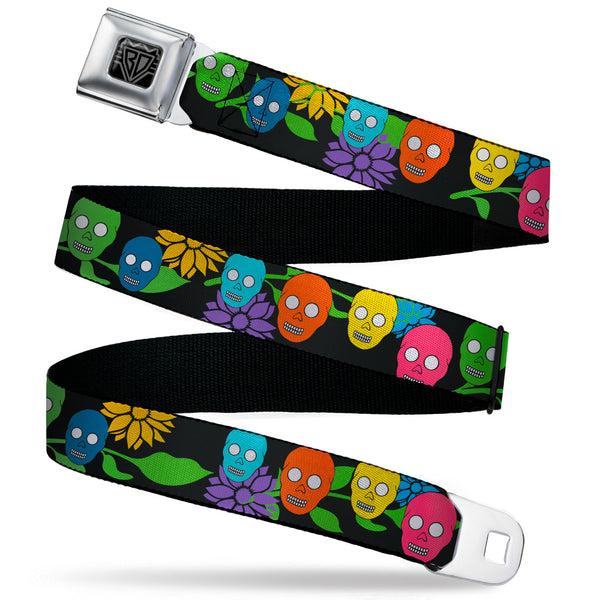 Buckle-Down BD Wings Logo CLOSE-UP Black/Silver Seatbelt Belt - Skulls & Flowers Black/Multi Color Webbing