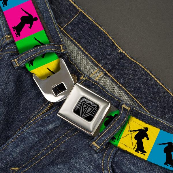 Buckle-Down BD Wings Logo CLOSE-UP Black/Silver Seatbelt Belt - Skater Silhouette Blocks Multi Color/Black Webbing
