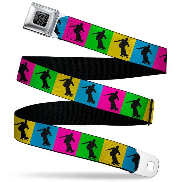 Buckle-Down BD Wings Logo CLOSE-UP Black/Silver Seatbelt Belt - Skater Silhouette Blocks Multi Color/Black Webbing