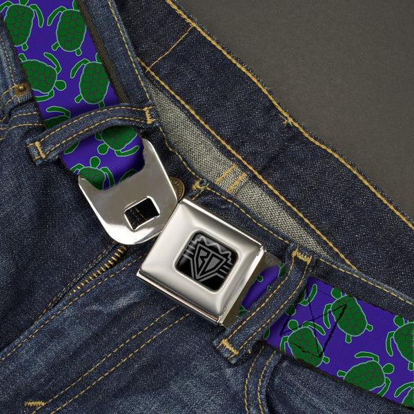 Buckle-Down BD Wings Logo CLOSE-UP Black/Silver Seatbelt Belt - Sea Turtles Scattered Blue/Green Webbing