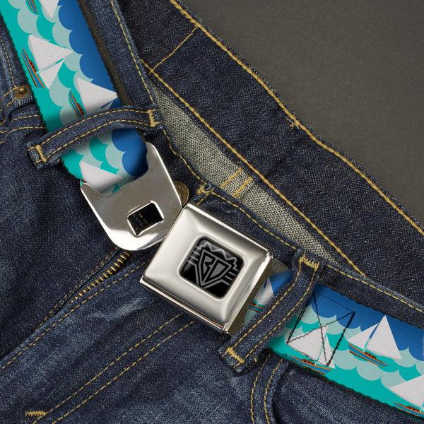 Buckle-Down BD Wings Logo CLOSE-UP Black/Silver Seatbelt Belt - Sailboats/Waves Blues Webbing