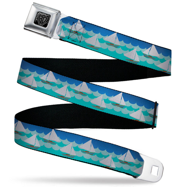 Buckle-Down BD Wings Logo CLOSE-UP Black/Silver Seatbelt Belt - Sailboats/Waves Blues Webbing