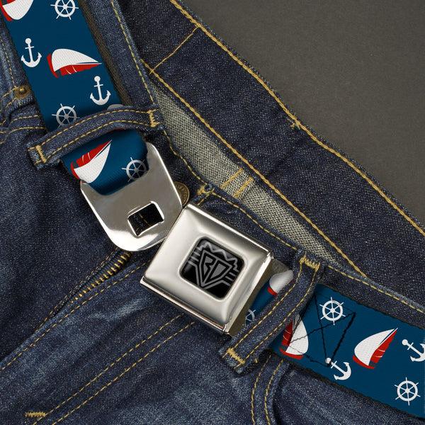 Buckle-Down BD Wings Logo CLOSE-UP Black/Silver Seatbelt Belt - Sailboat/Anchor/Helm Scattered Navy/White/Red Webbing
