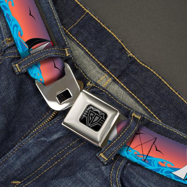 Buckle-Down BD Wings Logo CLOSE-UP Black/Silver Seatbelt Belt - Sailboat Sunset Oranges/Yellow/Blues Webbing