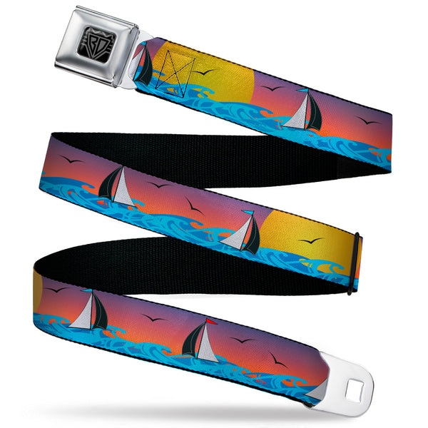 Buckle-Down BD Wings Logo CLOSE-UP Black/Silver Seatbelt Belt - Sailboat Sunset Oranges/Yellow/Blues Webbing