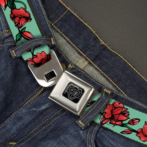 Buckle-Down BD Wings Logo CLOSE-UP Black/Silver Seatbelt Belt - Red Rose Chain Green Webbing