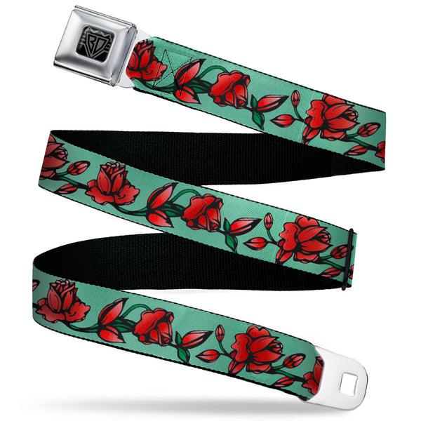 Buckle-Down BD Wings Logo CLOSE-UP Black/Silver Seatbelt Belt - Red Rose Chain Green Webbing