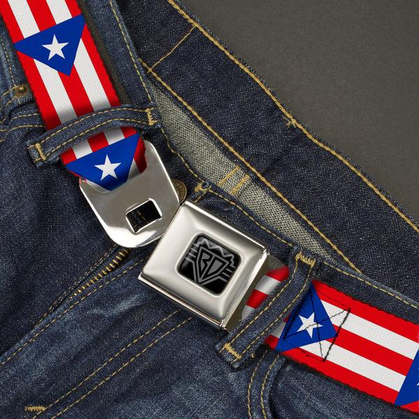 Buckle-Down BD Wings Logo CLOSE-UP Black/Silver Seatbelt Belt - Puerto Rico Flag Continuous Webbing