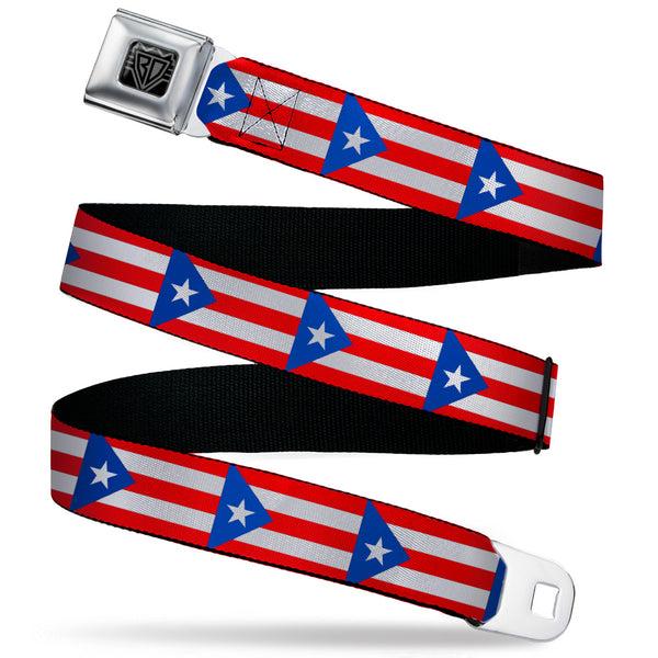 Buckle-Down BD Wings Logo CLOSE-UP Black/Silver Seatbelt Belt - Puerto Rico Flag Continuous Webbing