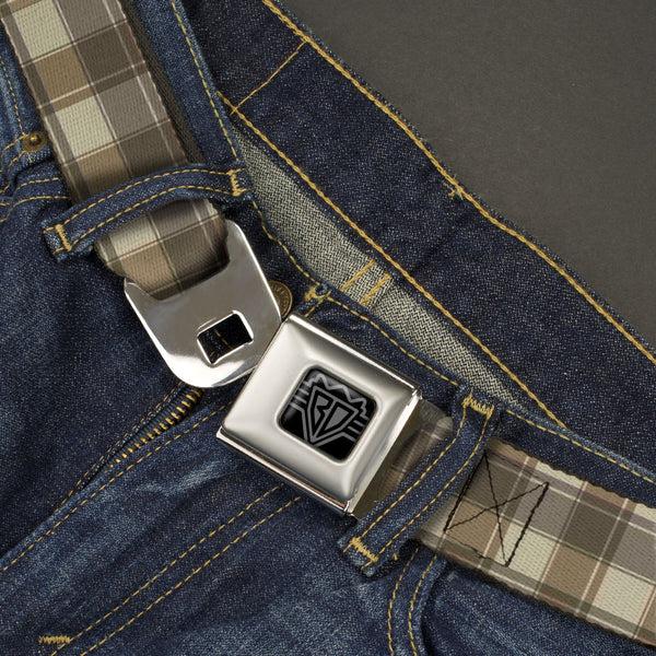 Buckle-Down BD Wings Logo CLOSE-UP Black/Silver Seatbelt Belt - Plaid7 Tonal Tans Webbing
