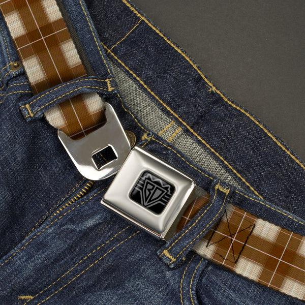 Buckle-Down BD Wings Logo CLOSE-UP Black/Silver Seatbelt Belt - Plaid6 Tans/Brown/White Webbing