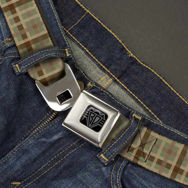 Buckle-Down BD Wings Logo CLOSE-UP Black/Silver Seatbelt Belt - Plaid4 Mint Green/Tans/Brown Webbing