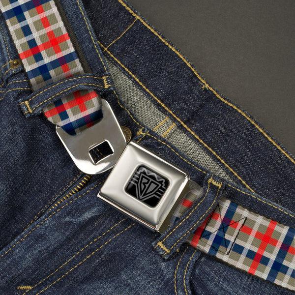 Buckle-Down BD Wings Logo CLOSE-UP Black/Silver Seatbelt Belt - Plaid4 Gray/Red/White/Blue Webbing