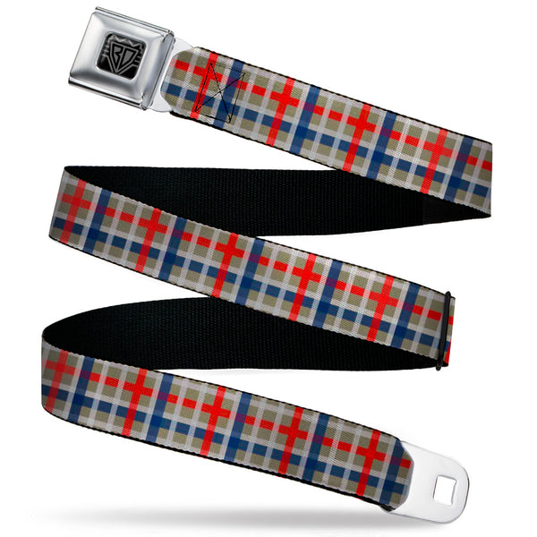Buckle-Down BD Wings Logo CLOSE-UP Black/Silver Seatbelt Belt - Plaid4 Gray/Red/White/Blue Webbing