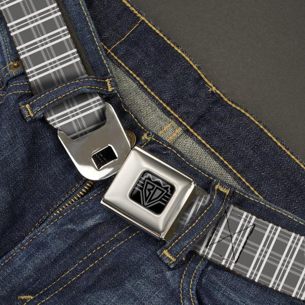 Buckle-Down BD Wings Logo CLOSE-UP Black/Silver Seatbelt Belt - Plaid2 Grays/White Webbing