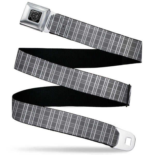 Buckle-Down BD Wings Logo CLOSE-UP Black/Silver Seatbelt Belt - Plaid2 Grays/White Webbing