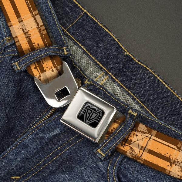 Buckle-Down BD Wings Logo CLOSE-UP Black/Silver Seatbelt Belt - Plaid Weathered Browns/Tans Webbing