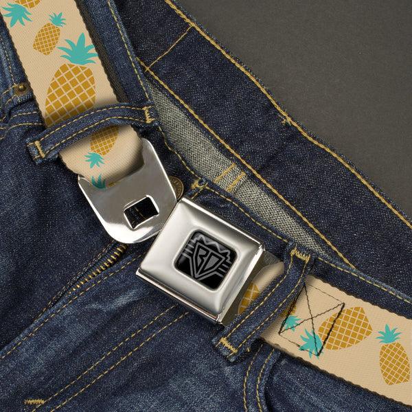 Buckle-Down BD Wings Logo CLOSE-UP Black/Silver Seatbelt Belt - Pineapples Rotating Tan Webbing