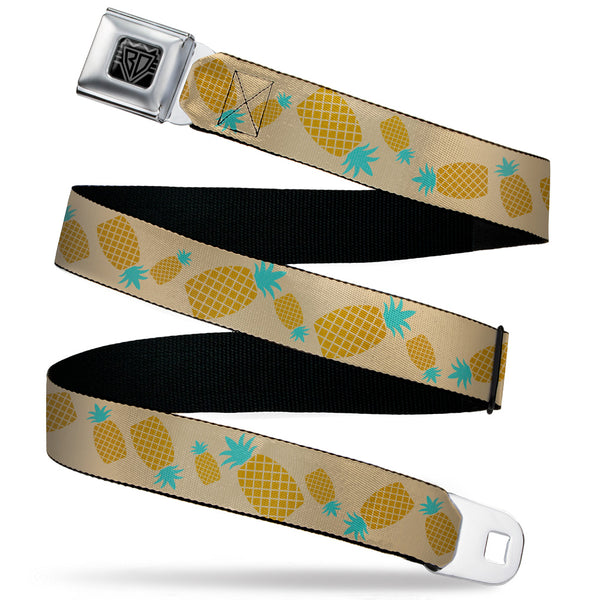 Buckle-Down BD Wings Logo CLOSE-UP Black/Silver Seatbelt Belt - Pineapples Rotating Tan Webbing