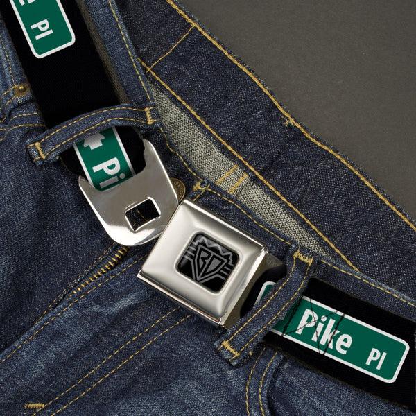 Buckle-Down BD Wings Logo CLOSE-UP Black/Silver Seatbelt Belt - PIKE PLACE Direction Sign Black/White/Green Webbing