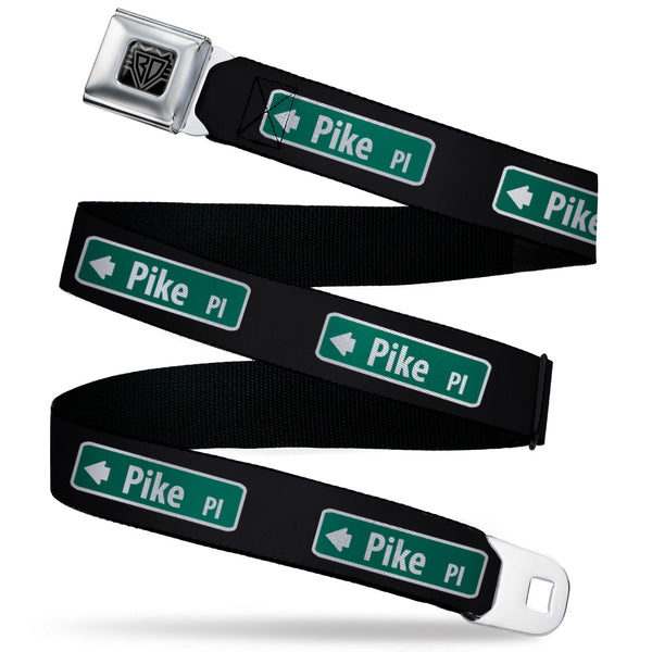 Buckle-Down BD Wings Logo CLOSE-UP Black/Silver Seatbelt Belt - PIKE PLACE Direction Sign Black/White/Green Webbing