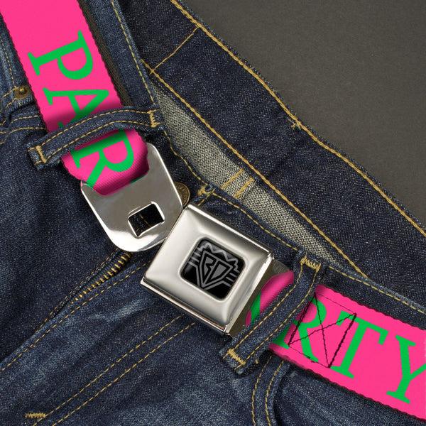 Buckle-Down BD Wings Logo CLOSE-UP Black/Silver Seatbelt Belt - PARTY Pink/Green Webbing