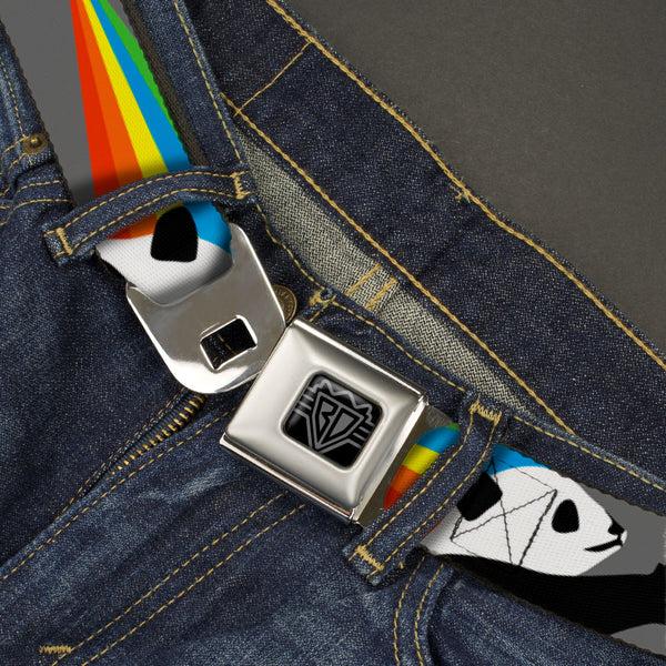 Buckle-Down BD Wings Logo CLOSE-UP Black/Silver Seatbelt Belt - Panda Shooting Rainbow Rays Gray/Black/White/Mutli Color Webbing